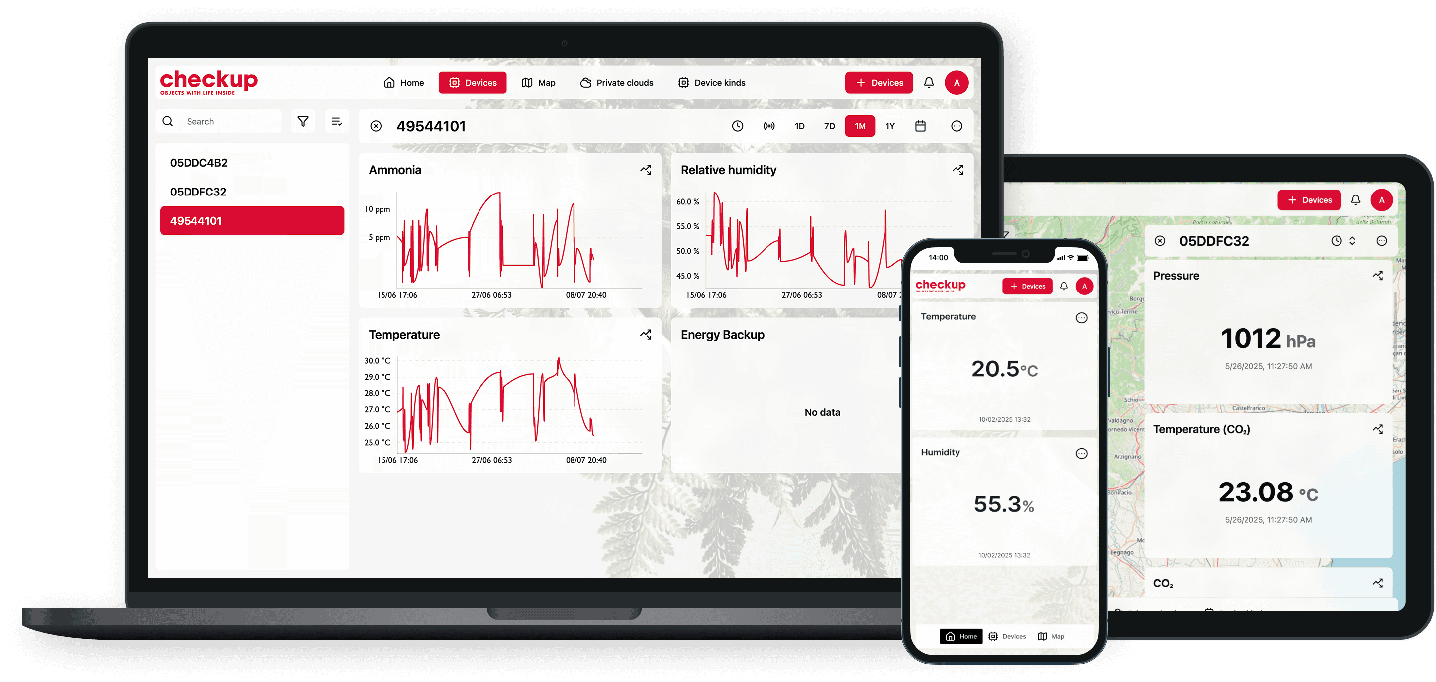 Check Up environmental monitoring dashboard displayed on a laptop, tablet and phone