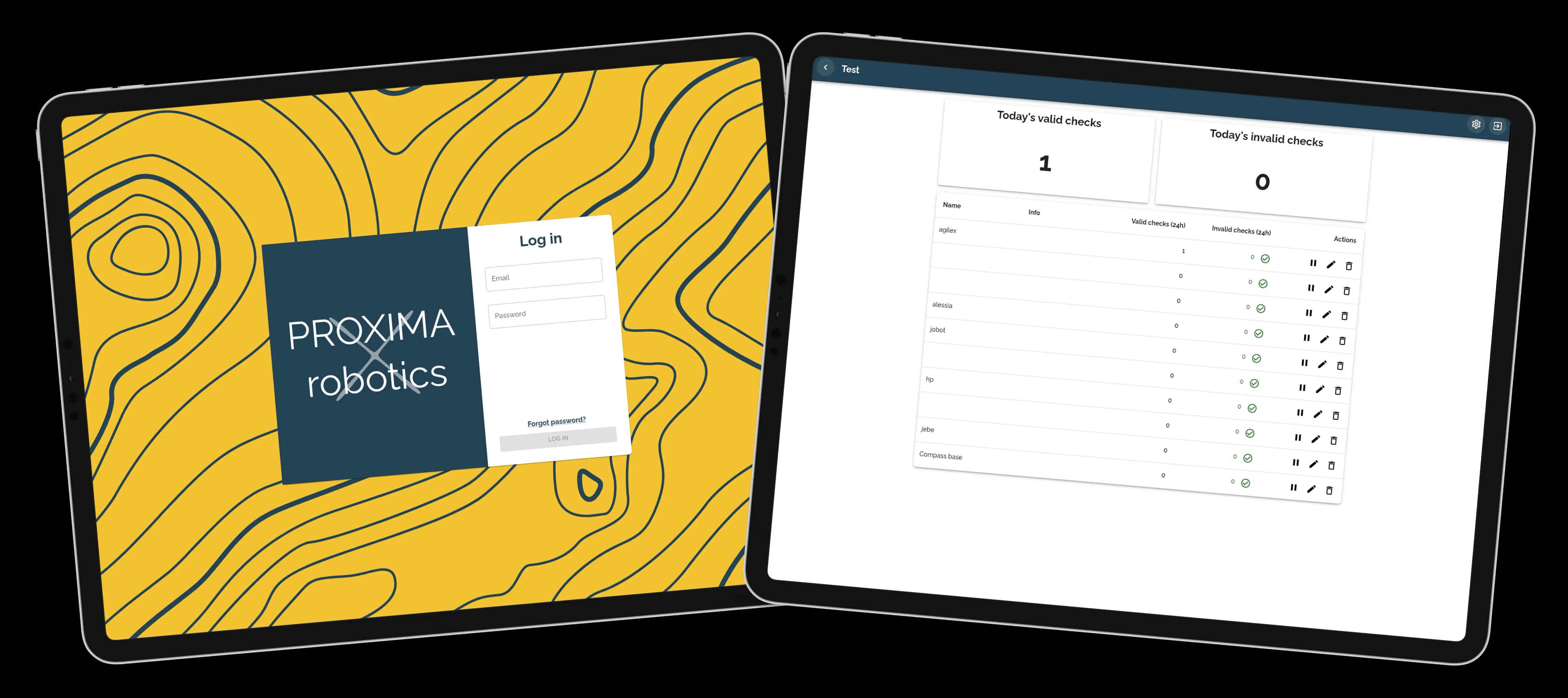 Proxima Robotics licensing platform displayed across two tablet screens