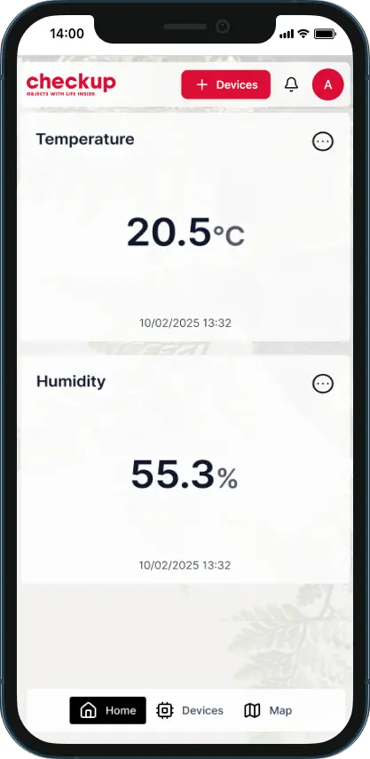 Check Up on a phone, showing live temperature and humidity readings